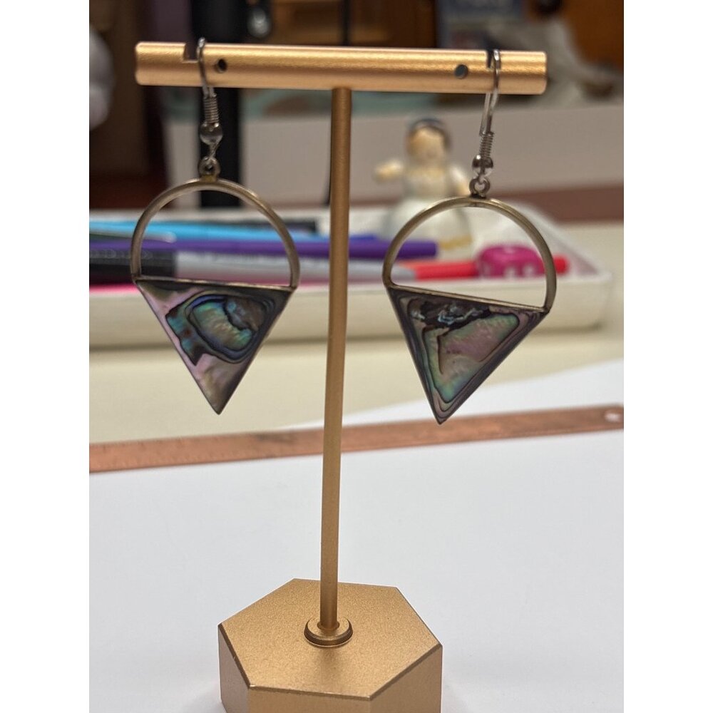Vintage Alpaca Mexico Abalone Shell Triangle Drop Dangle Earrings